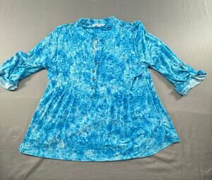 Studio Works Petite Large Blue Paisley Pintuck Henley Roll Tab 3/4 Sleeve Blouse